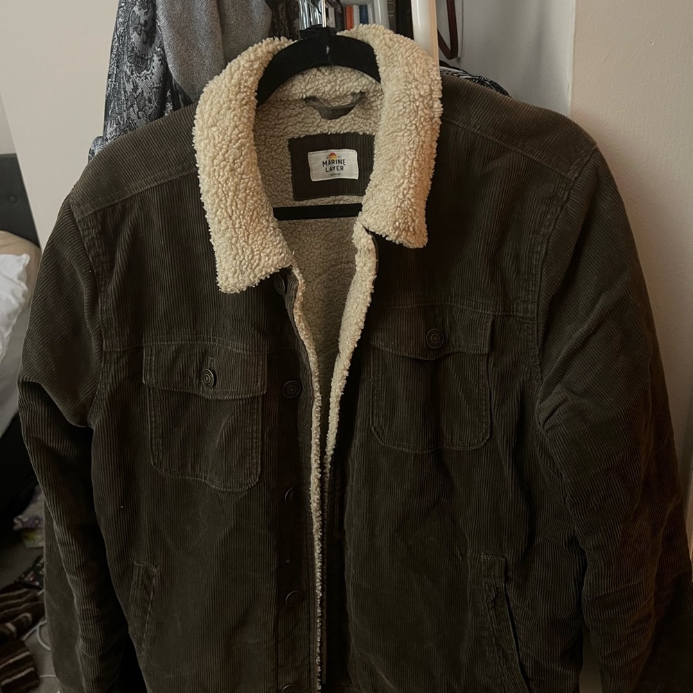 Marine Layer Green and Cream Lightweight Corduroy Jacket